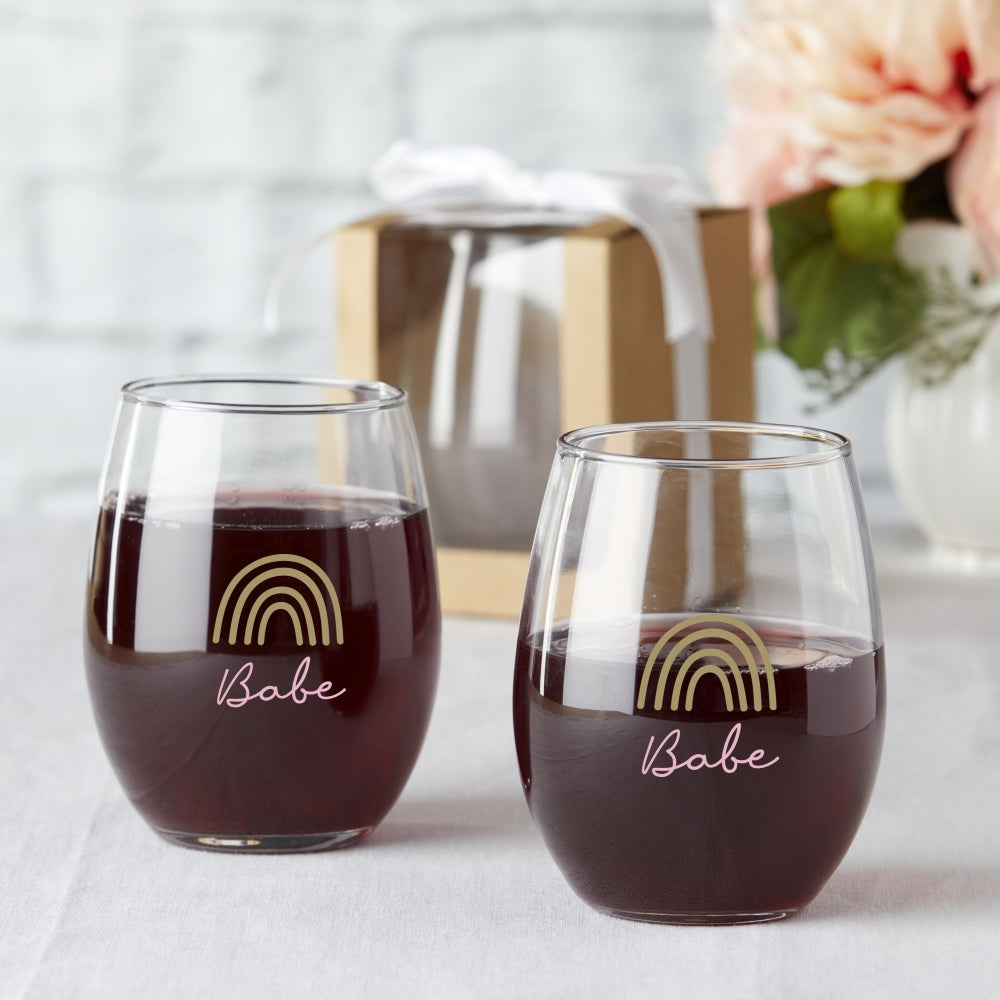 15 oz. Stemless Wine Glass - Boho Rainbow Babe (Set of 4)