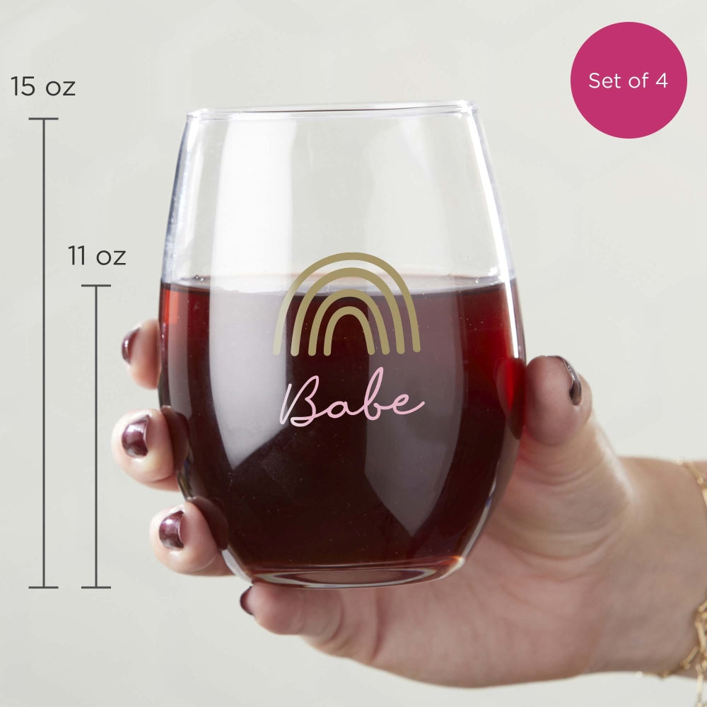 15 oz. Stemless Wine Glass - Boho Rainbow Babe (Set of 4)