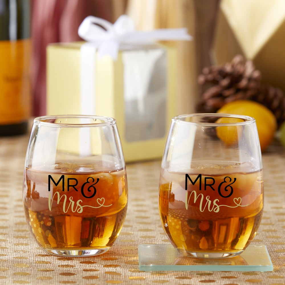15 oz. Stemless Wine Glass - Mr. & Mrs. Heart (Set of 2)