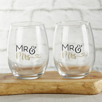 Thumbnail for 15 oz. Stemless Wine Glass - Mr. & Mrs. Heart (Set of 2)