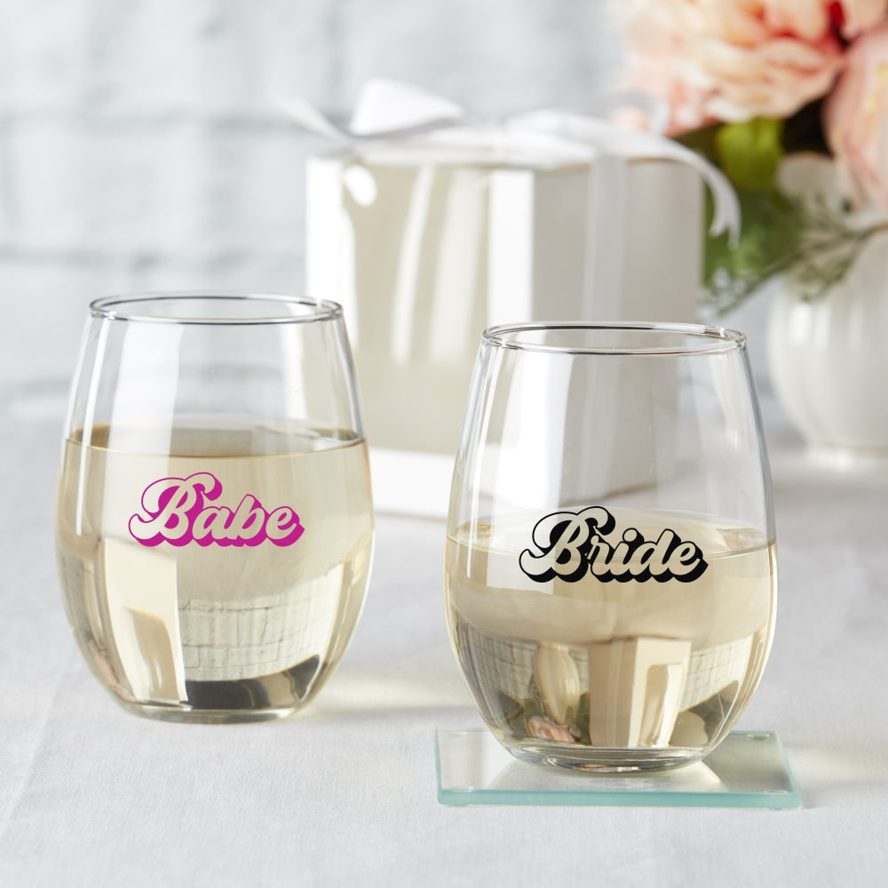 15 oz. Stemless Wine Glass - Retro Bride & Babe (Set of 4) - Main Image | My Wedding Favors