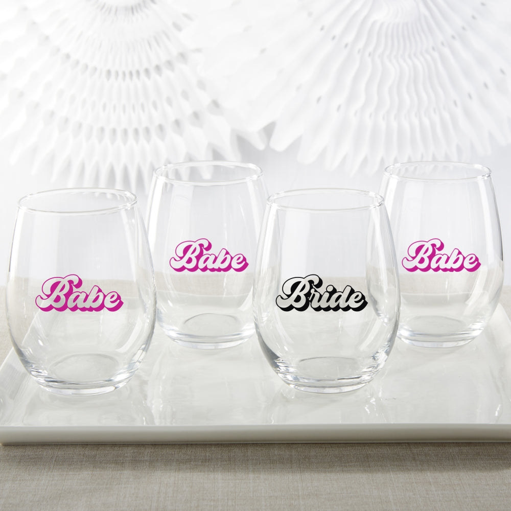 15 oz. Stemless Wine Glass - Retro Bride & Babe (Set of 4) - Alternate Image 2 | My Wedding Favors