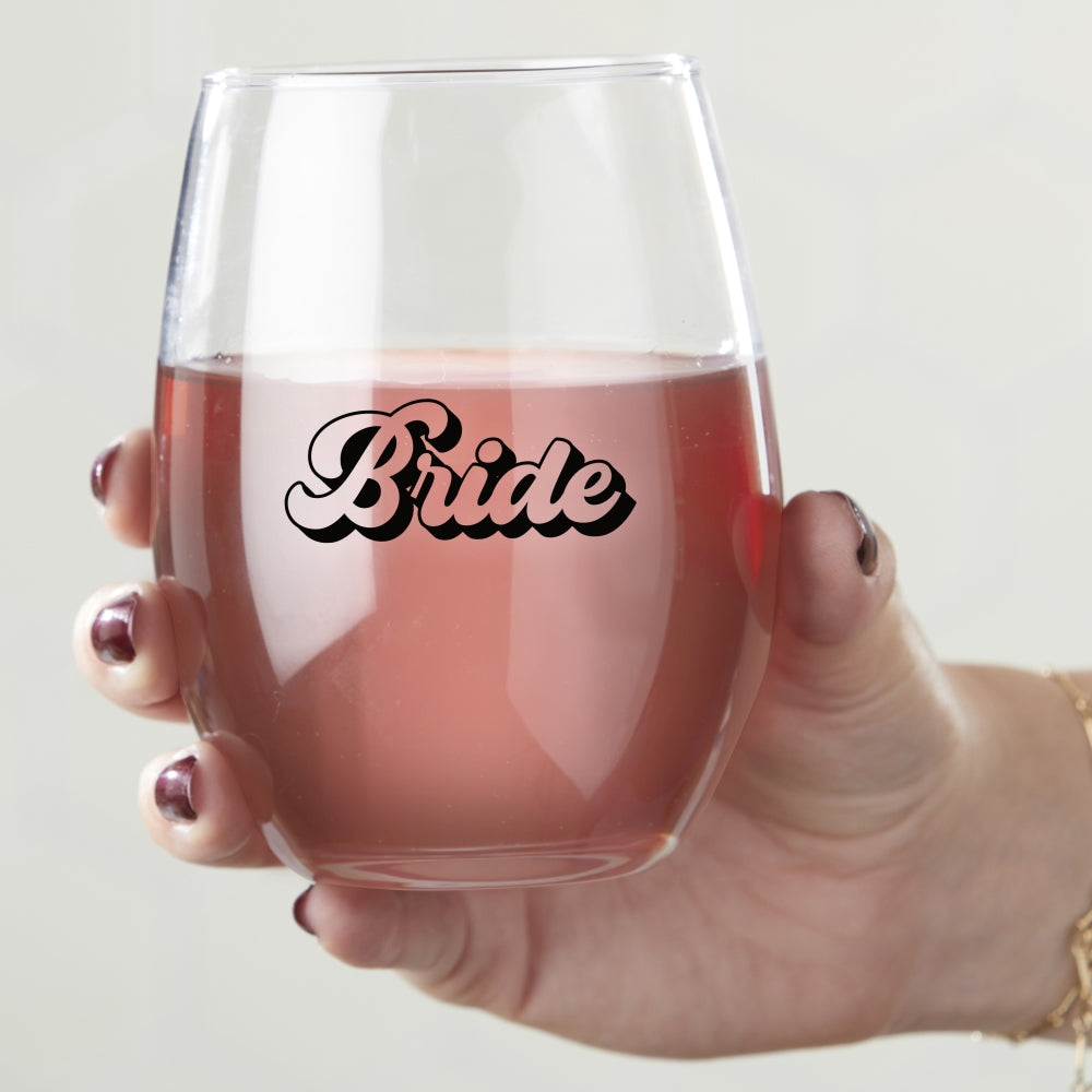 15 oz. Stemless Wine Glass - Retro Bride & Babe (Set of 4) - Alternate Image 3 | My Wedding Favors