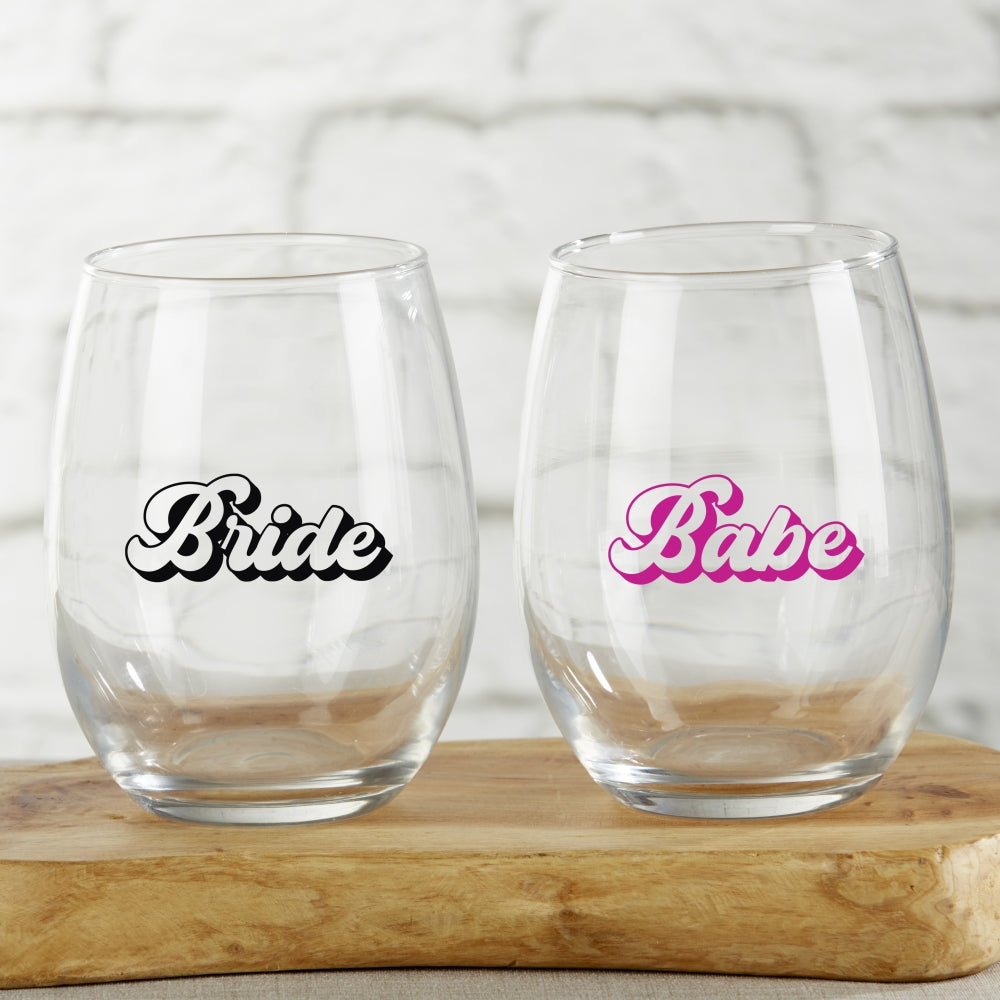 15 oz. Stemless Wine Glass - Retro Bride & Babe (Set of 4) - Alternate Image 5 | My Wedding Favors