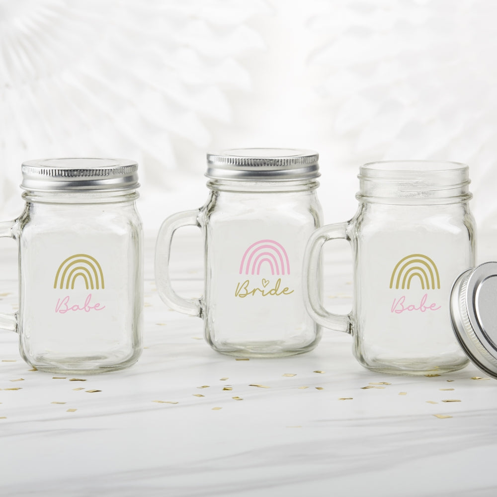 12 oz. Mason Jar Mug with Lid - Boho Rainbow Bride & Babe (Set of 6) - Main Image | My Wedding Favors