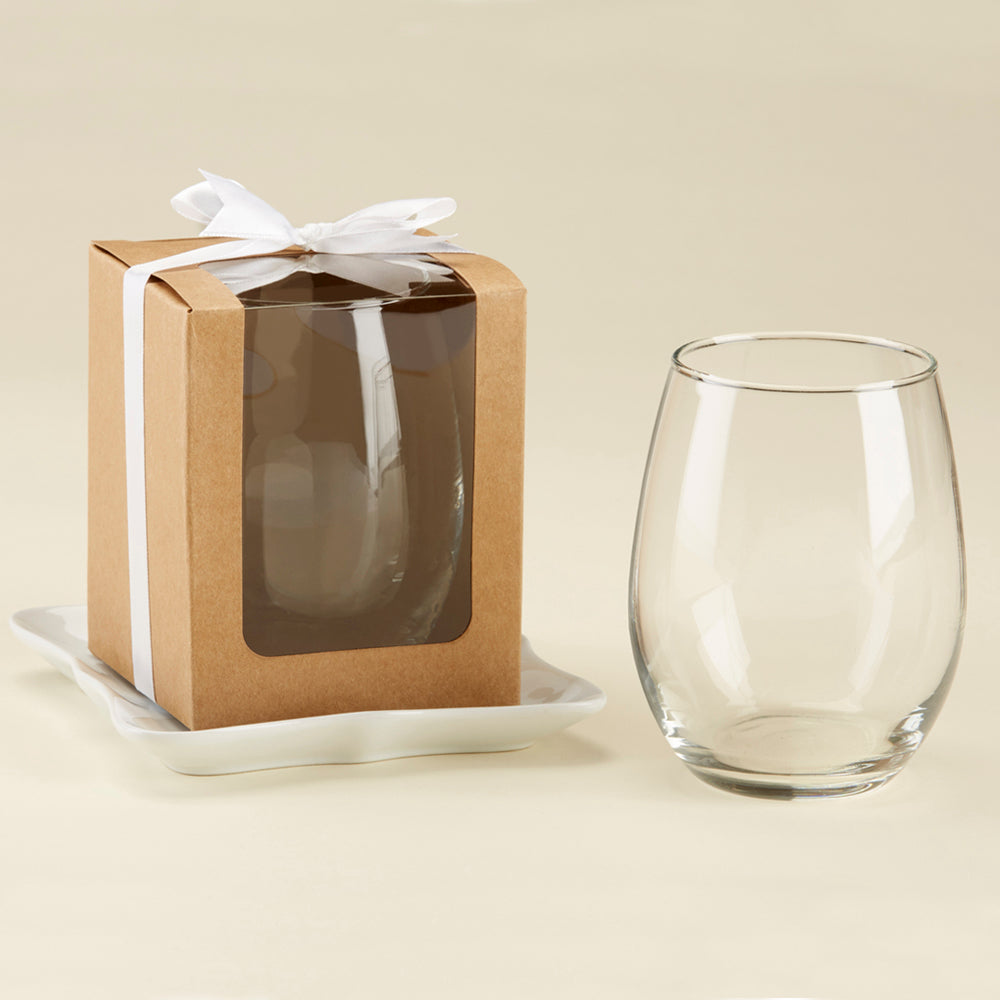 Pink Ribbon Stemless Wine Glasses - set of 2pc in a gift box