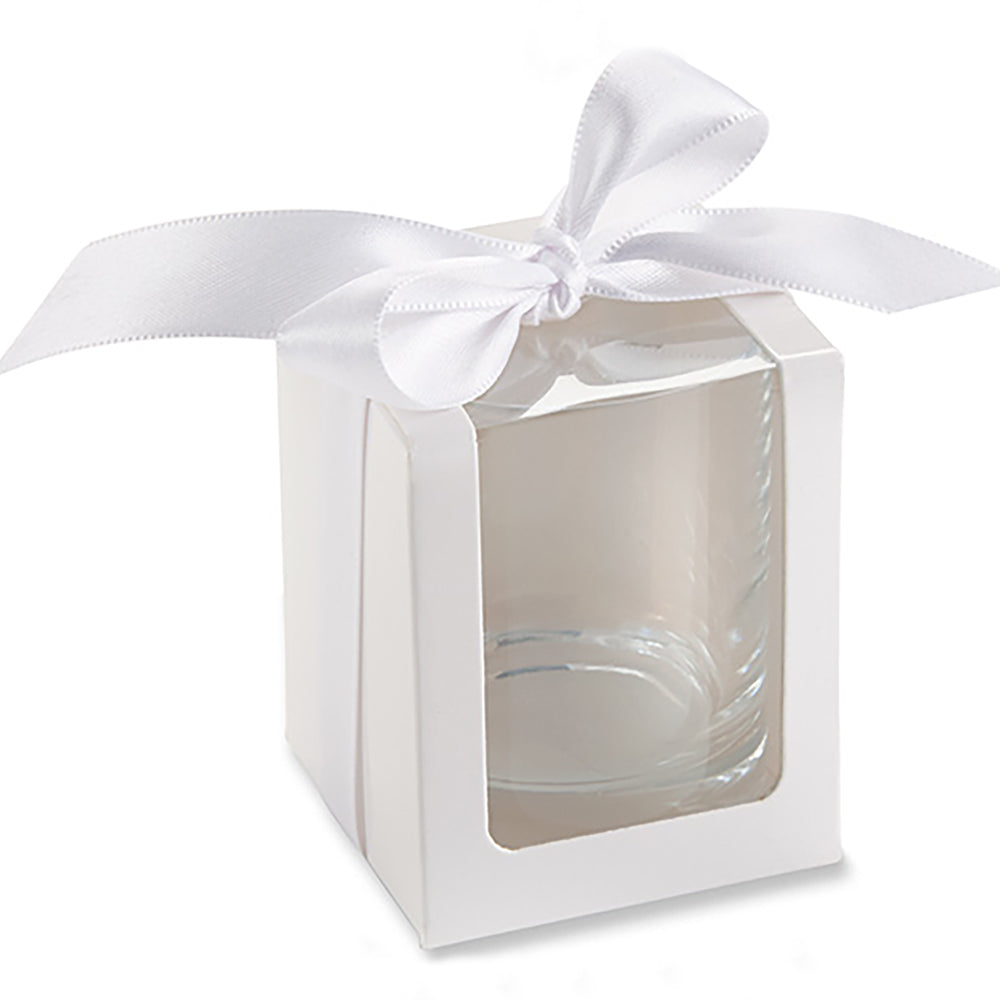 White 2 oz. Shot Glass/Votive Holder Gift Box with Ribbon (Set of 20) - Main Image | My Wedding Favors