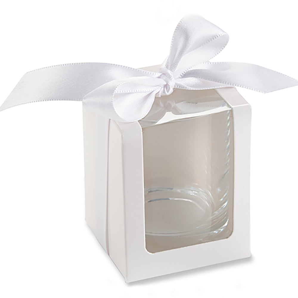 White 2 oz. Shot Glass/Votive Holder Gift Box with Ribbon (Set of 20) - Main Image | My Wedding Favors