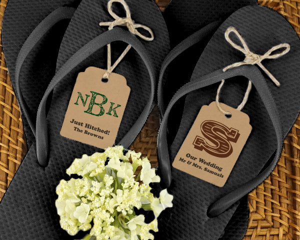 Wedding Flip Flops w/Monogram Kraft Tag (Black or White Available)