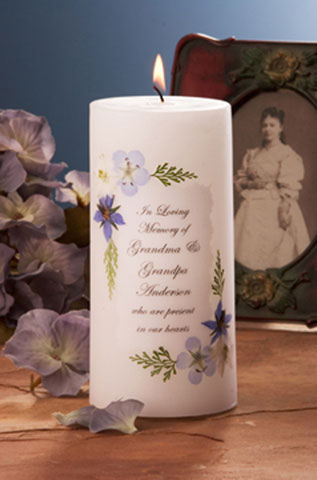 Blue Bouquet 3" x 6" Memorial Candle (White or Ivory) - Main Image | My Wedding Favors