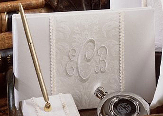 Classic Ivory Monogrammed Brocade Guest Book and Pen Set - Main Image | My Wedding Favors