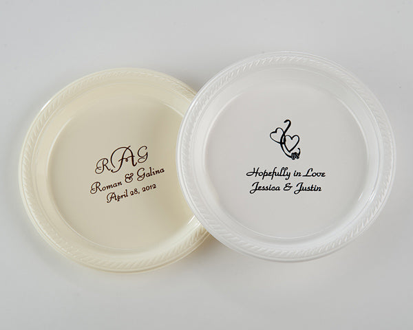 Personalized 7" Plastic Round Wedding Plates - Main Image | My Wedding Favors