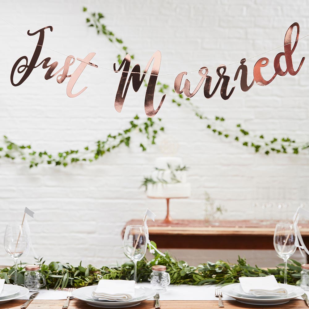 Beautiful Botanics Rose Gold Just Married Banner - Main Image | My Wedding Favors