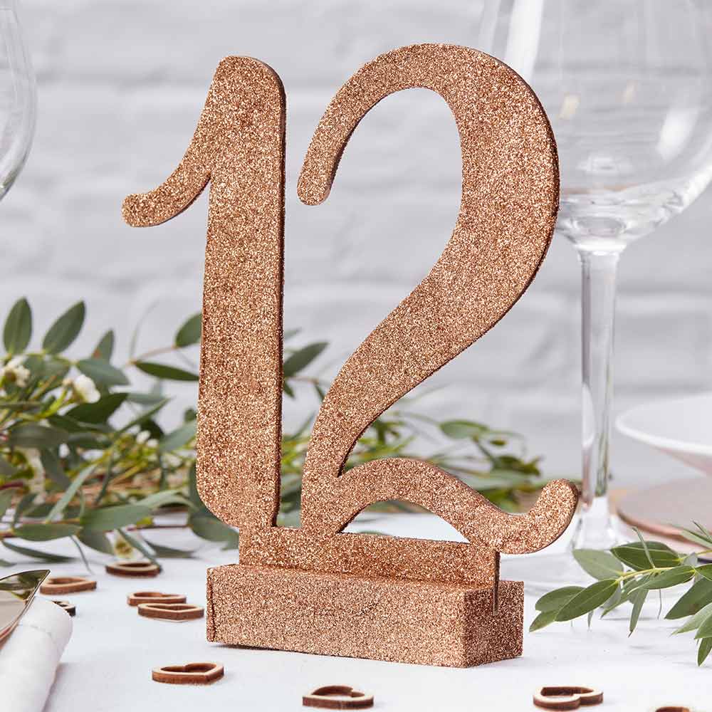 Beautiful Botanics Rose Gold Glitter Wooden Table Numbers (1-12) - Main Image | My Wedding Favors