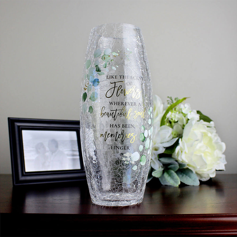 Botanical Crackle Glass Memorial Vase with Sympathy Verse