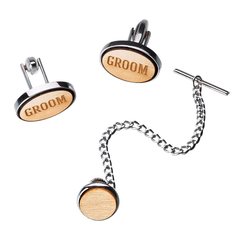 Wooden Groom Cufflinks & Tie Tack Set