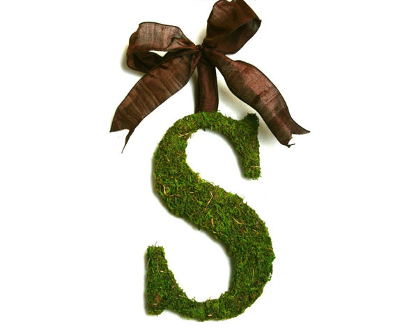 Country French Moss Covered 24" Initial with Brown Silk Ribbon - Main Image | My Wedding Favors