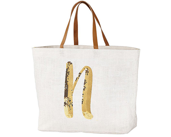 Initial Sequin Jute Tote